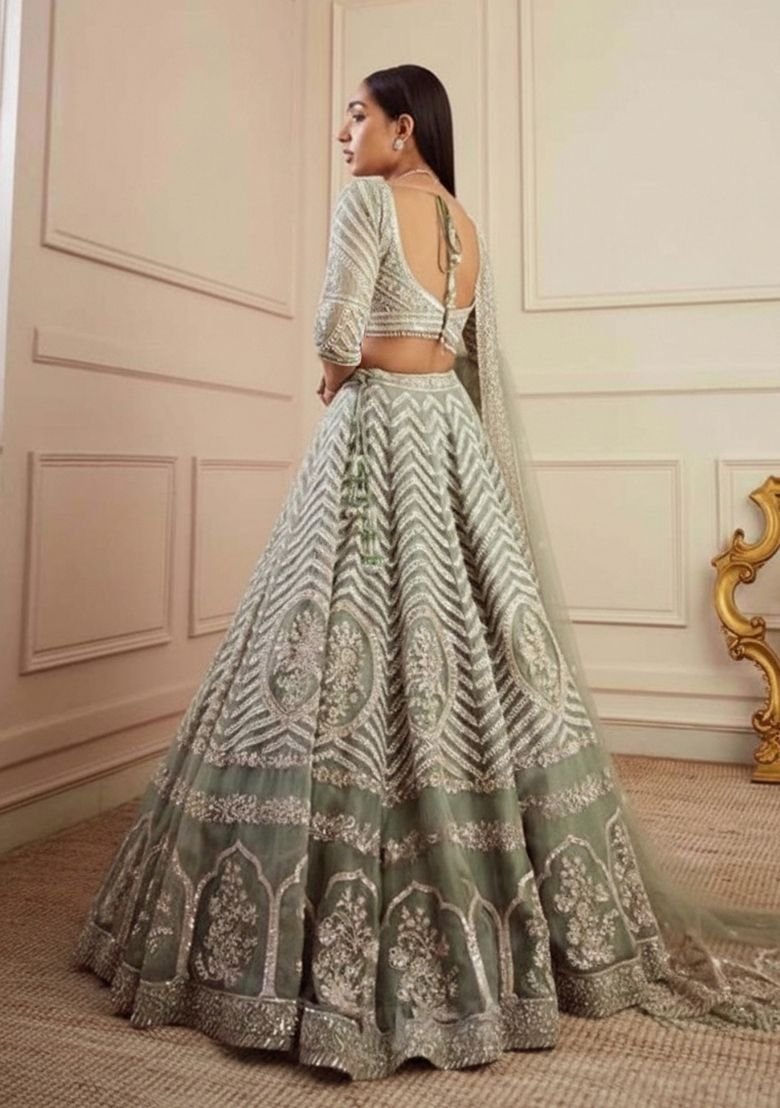 Pista Embroidered Georgette Lehenga Set With Dupatta - Image 2