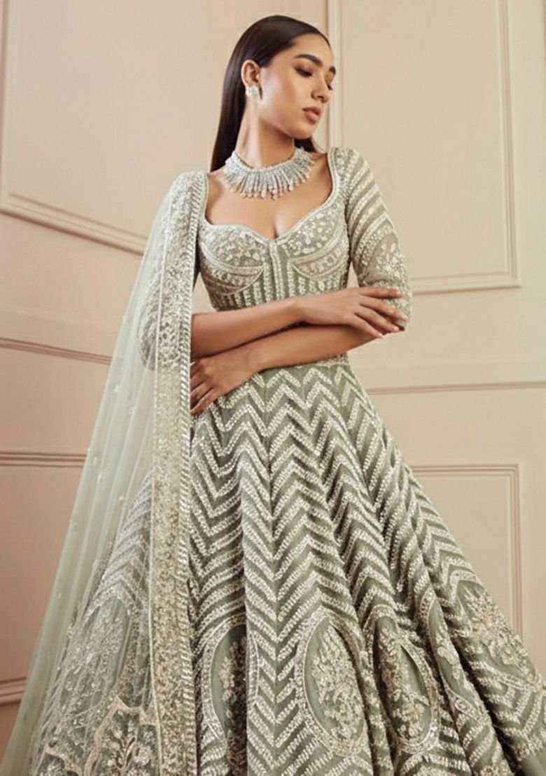 Pista Embroidered Georgette Lehenga Set With Dupatta - Image 3