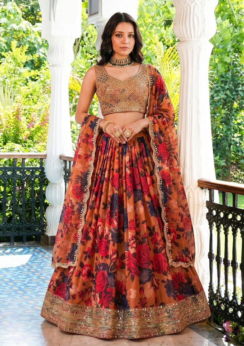 Red Embroidered Georgette Lehenga Set With Dupatta