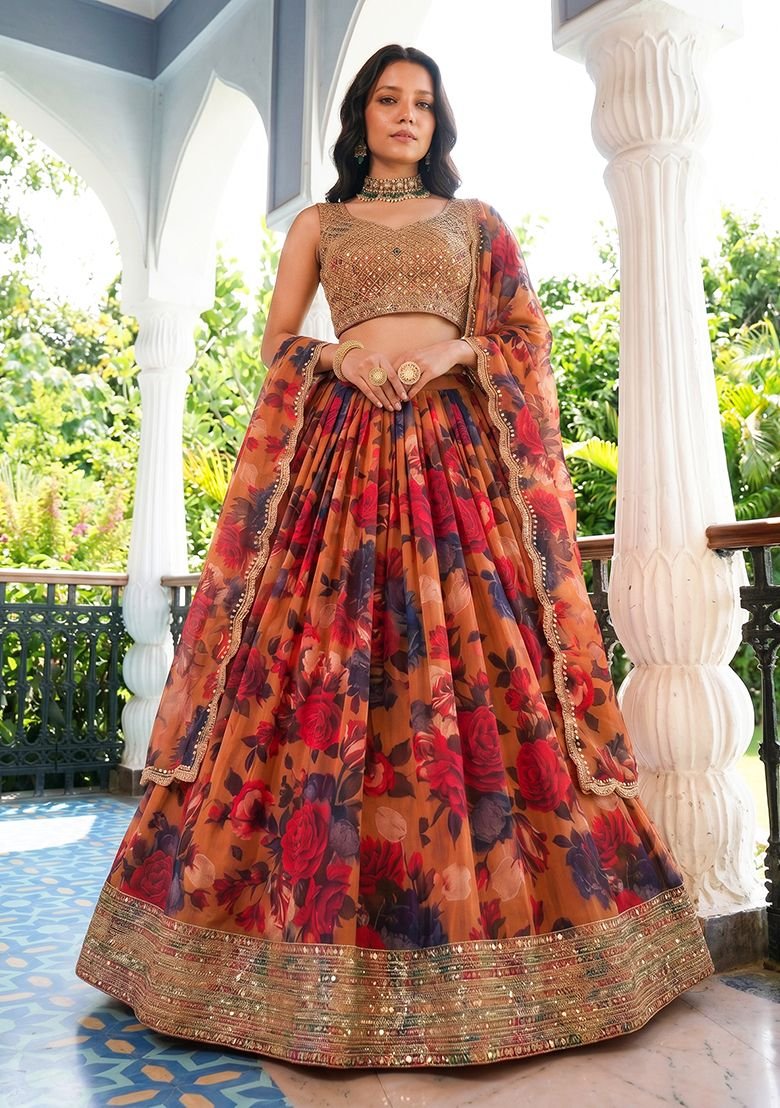 Red Embroidered Georgette Lehenga Set With Dupatta - Image 3