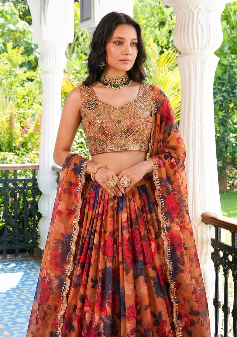 Red Embroidered Georgette Lehenga Set With Dupatta - Image 4