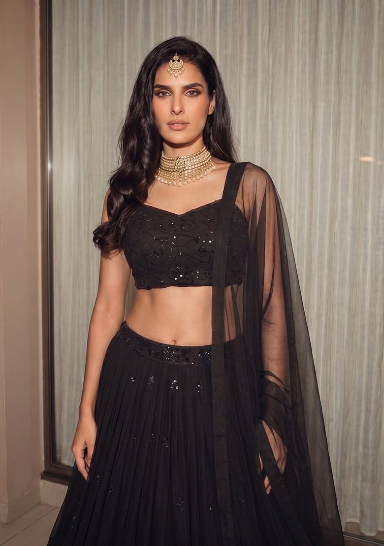 Black Embroidered Georgette Lehenga Set - Image 5