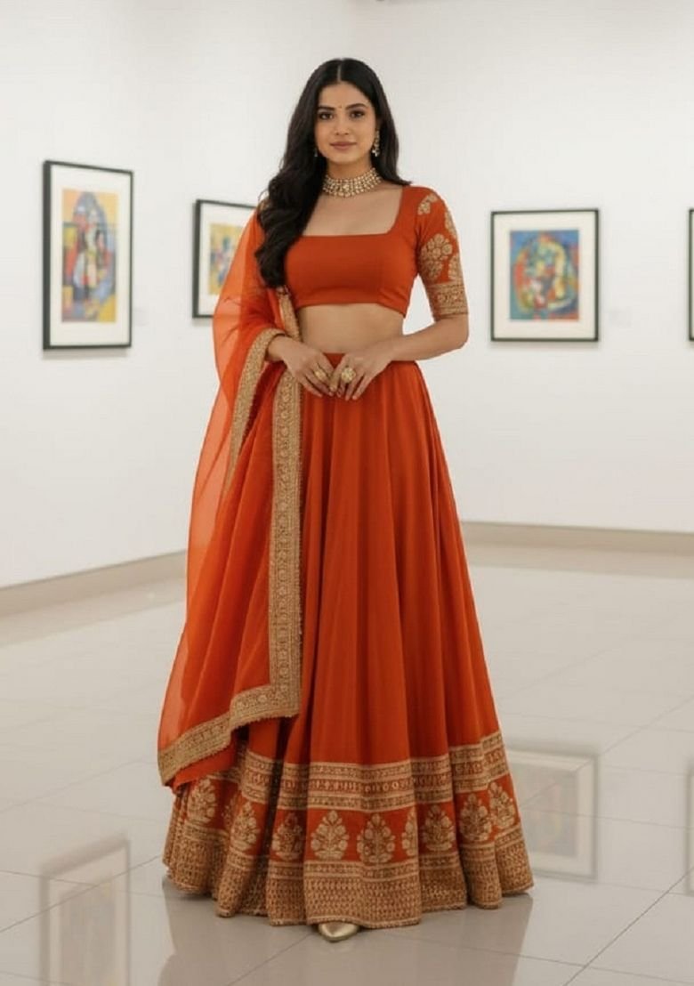 Fenta Orange Sequence Embroidery Work Faux Georgette Lehenga Set