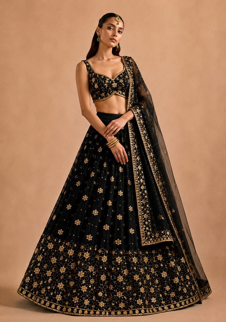Black Embellished Georgette Lehenga Set