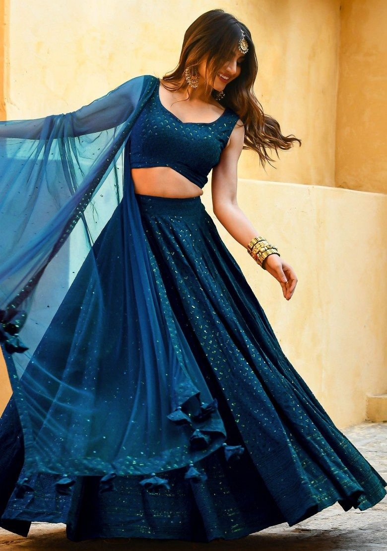 Blue Embroidered Georgette Lehenga Set With Dupatta