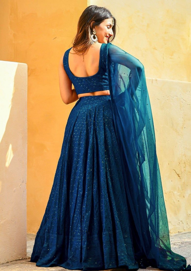 Blue Embroidered Georgette Lehenga Set With Dupatta - Image 2