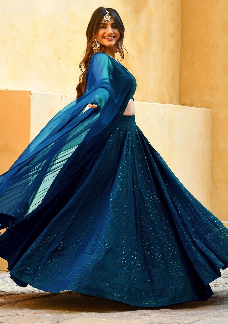 Blue Embroidered Georgette Lehenga Set With Dupatta - Image 3