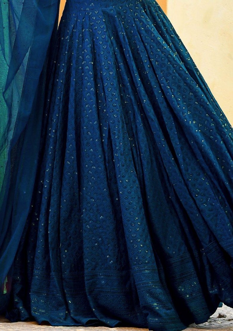 Blue Embroidered Georgette Lehenga Set With Dupatta - Image 4
