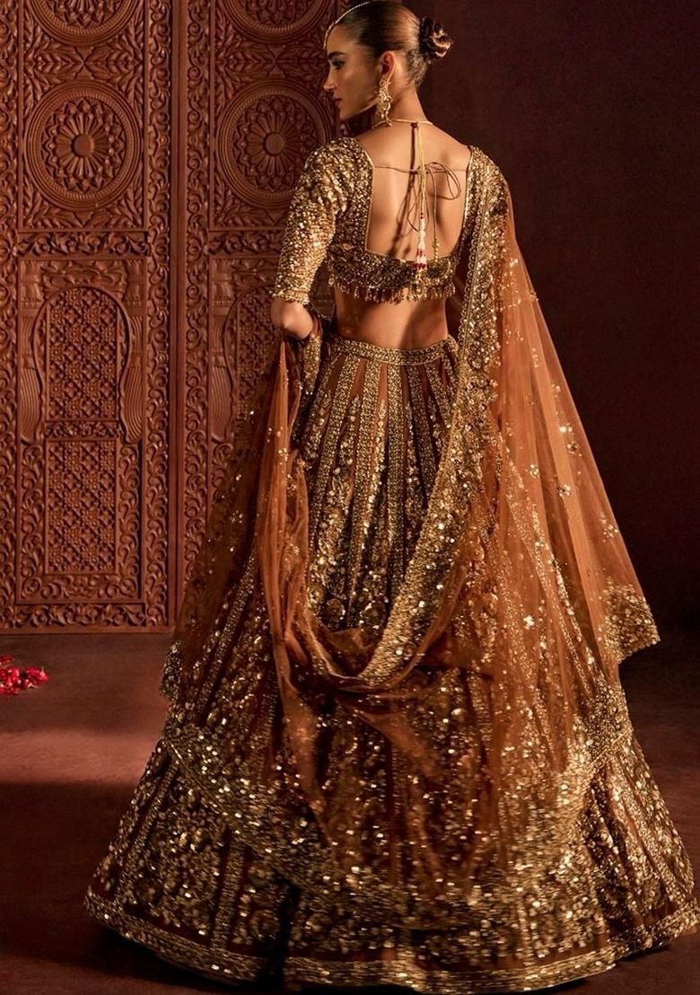 Brown Sequin Work Net Lehenga Set - Image 2