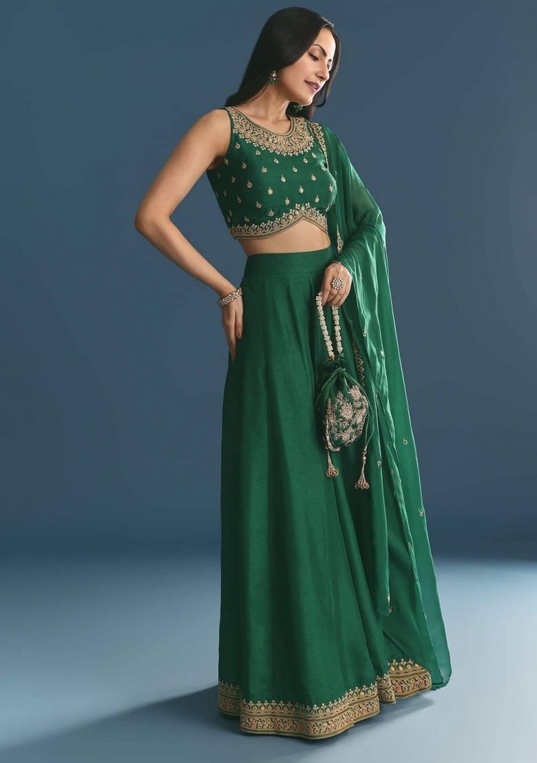 Green Embroidered Blended Lehenga Choli - Image 3