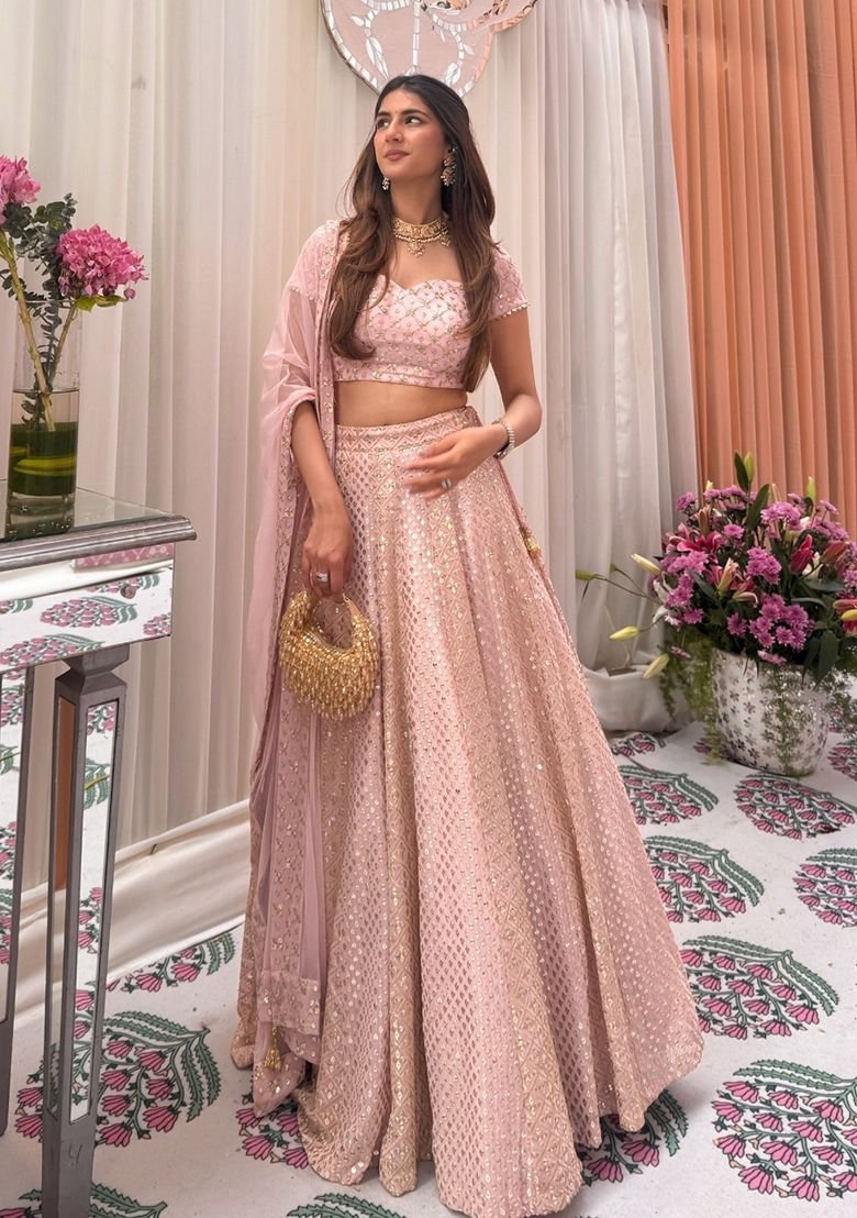 Baby Pink Embroidered Georgette Lehenga Set - Image 2