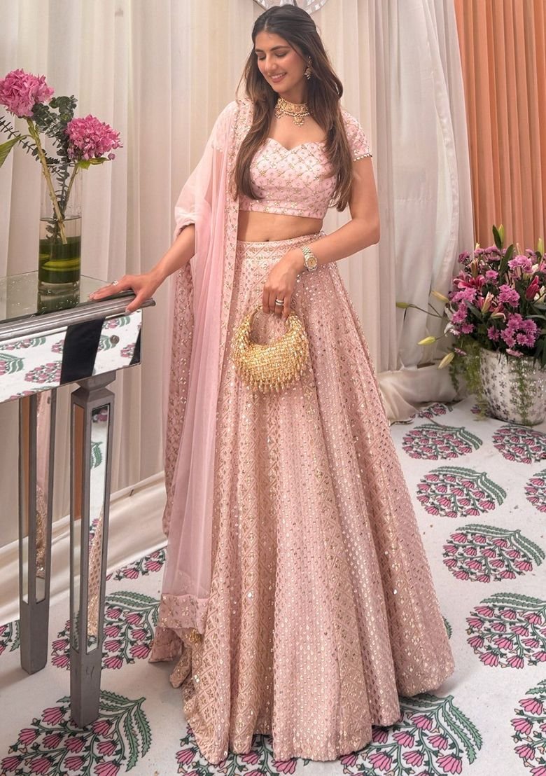 Baby Pink Embroidered Georgette Lehenga Set - Image 3