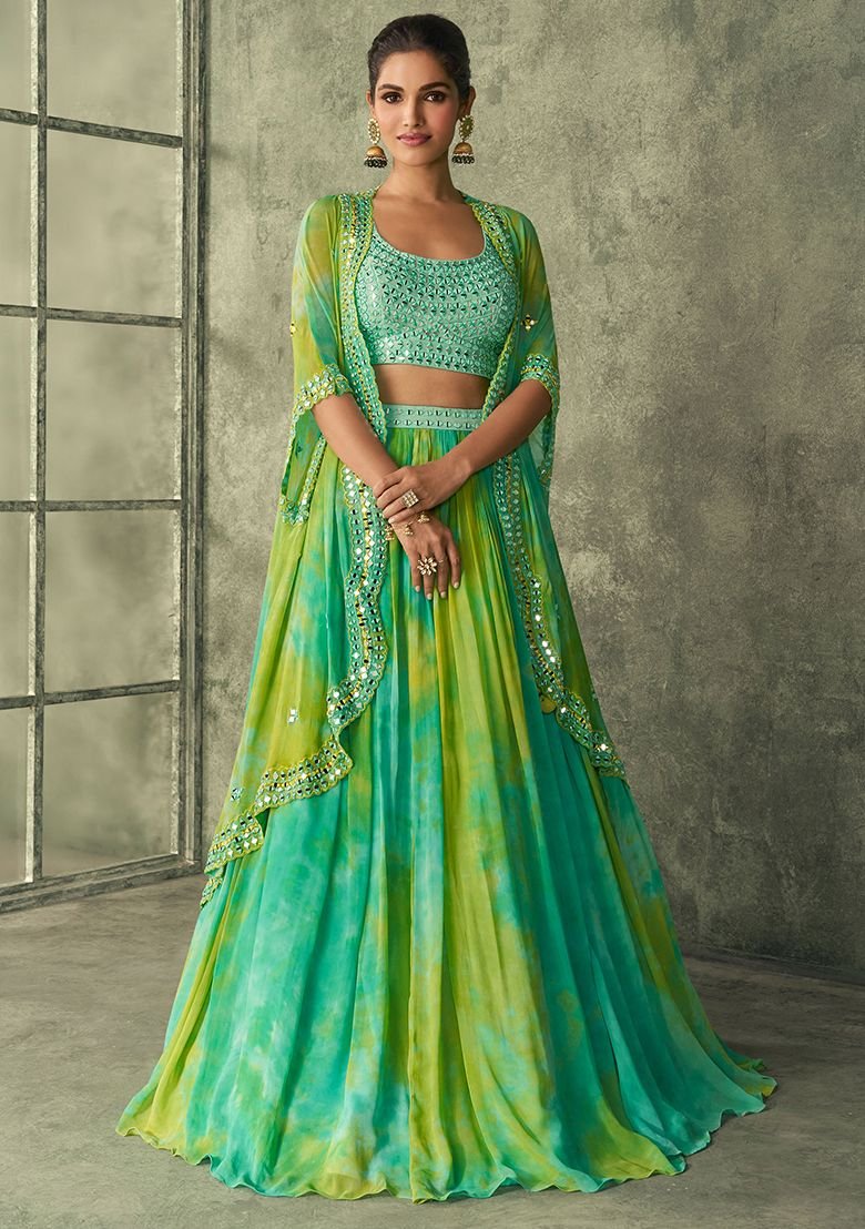 Green Embroidered Art Silk Blend Lehenga Set