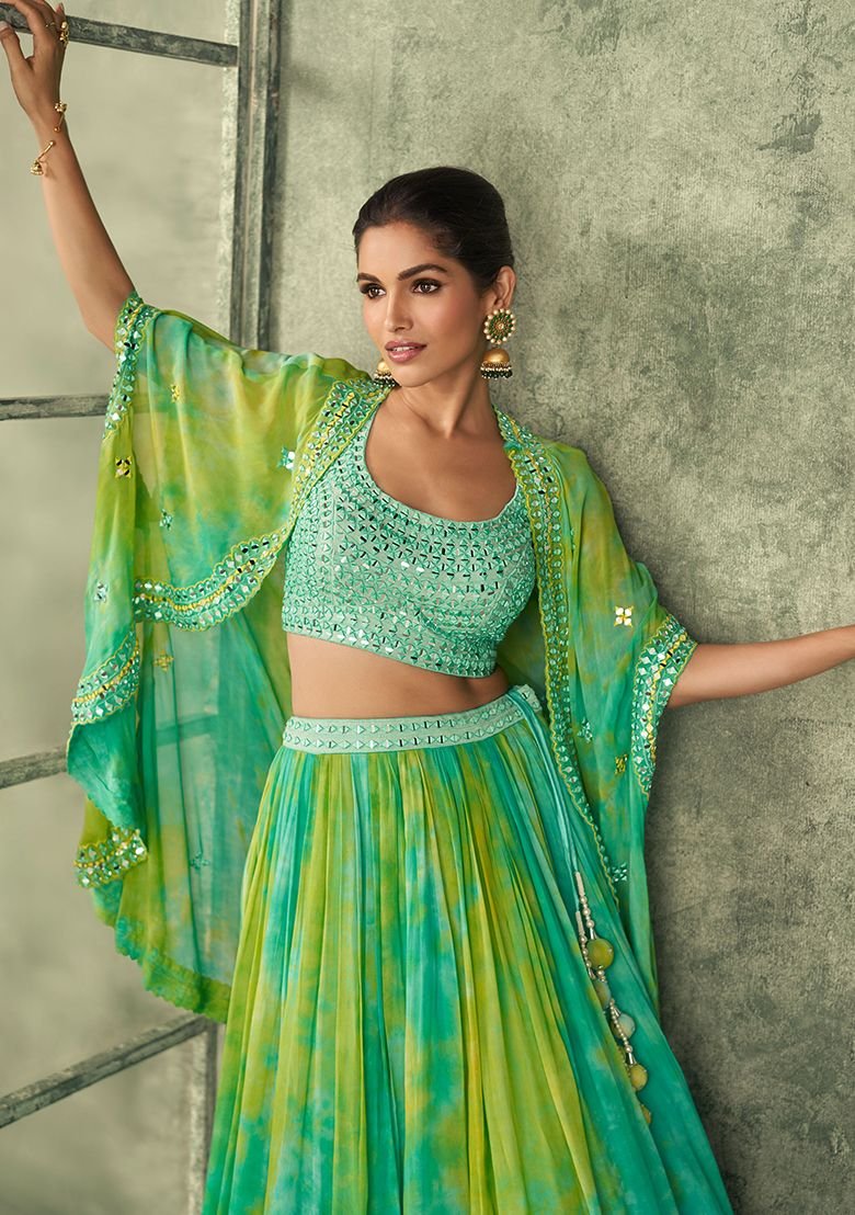 Green Embroidered Art Silk Blend Lehenga Set - Image 2