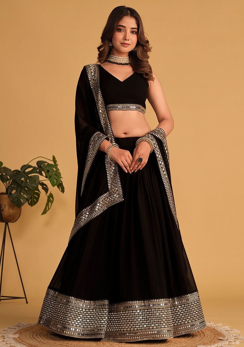 Black Sequin Thread Embroidered Georgette Lehenga Set