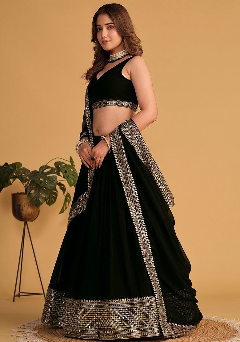 Black Sequin Thread Embroidered Georgette Lehenga Set - Image 3