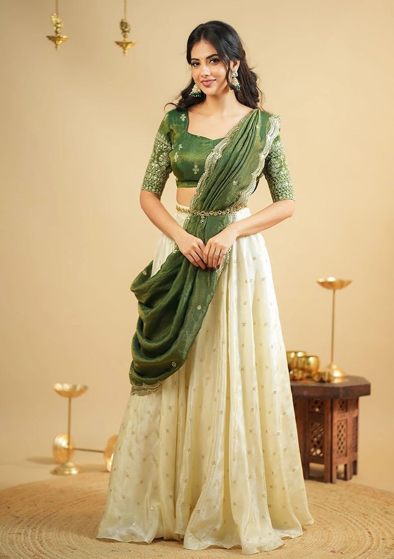 Green Embroidered Silk Blend Lehenga Set