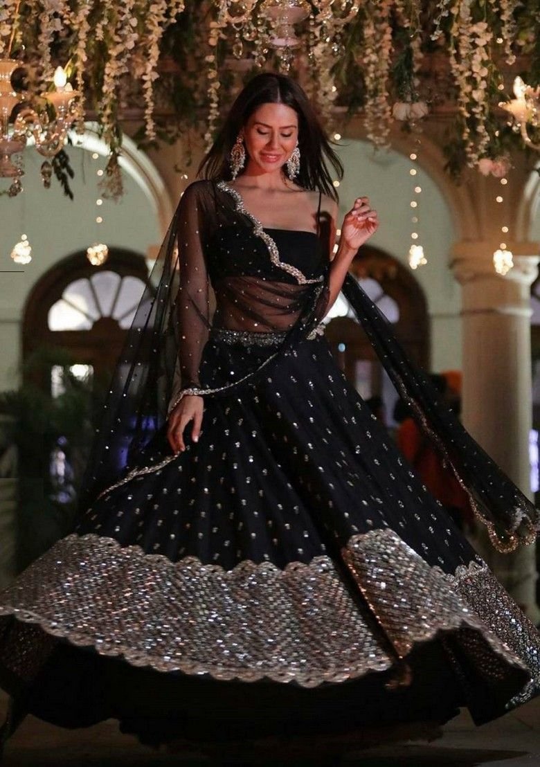 Black Embroidererd Georgette Lehenga Set With Dupatta - Image 2