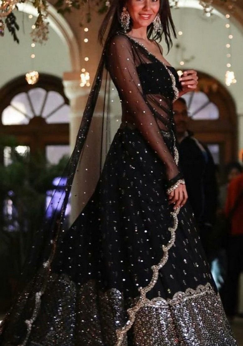 Black Embroidererd Georgette Lehenga Set With Dupatta - Image 3