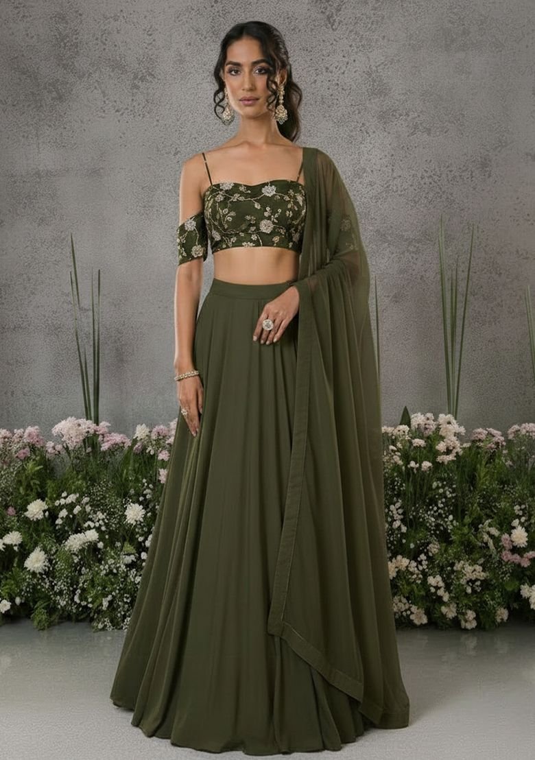 Anaya Suri Olive Green Embroidered Silk Blend Lehenga Set