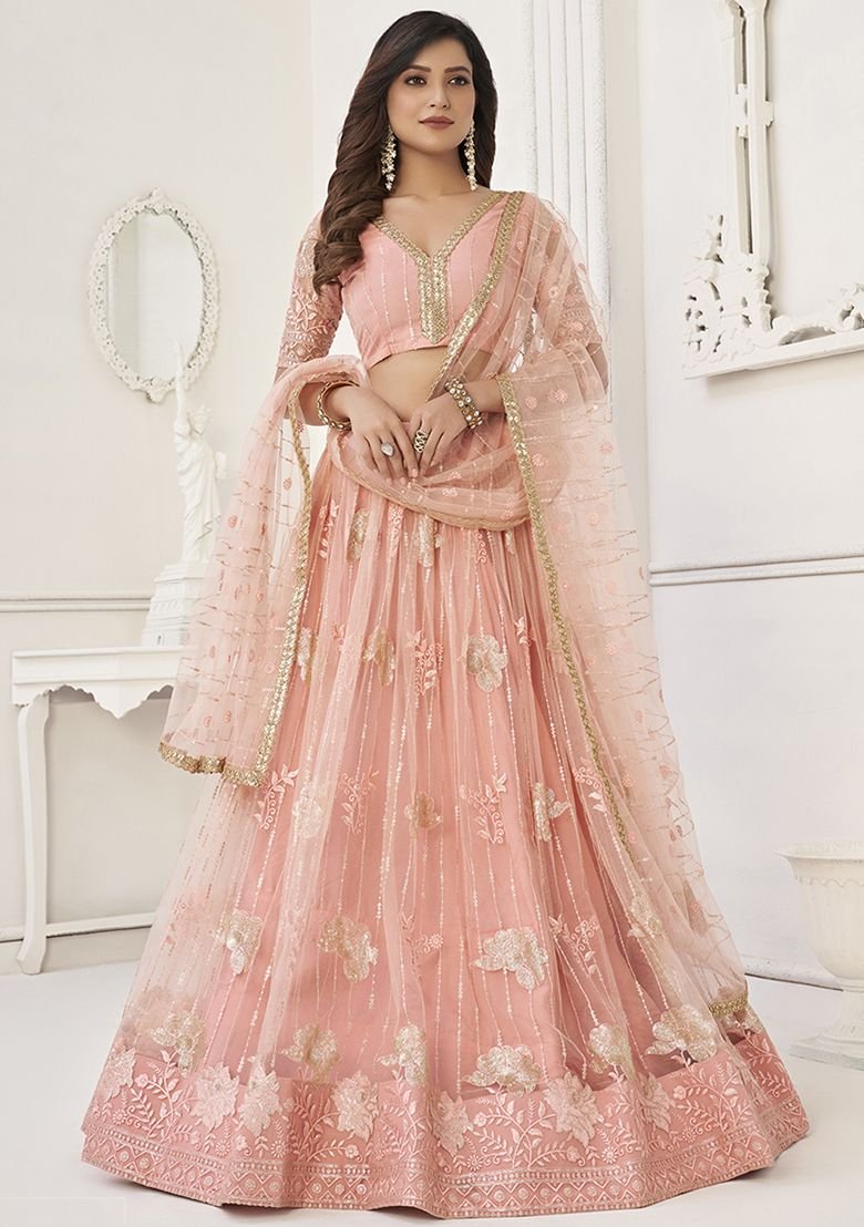 Peach Thread Sequin Embroidered Net Lehenga Set