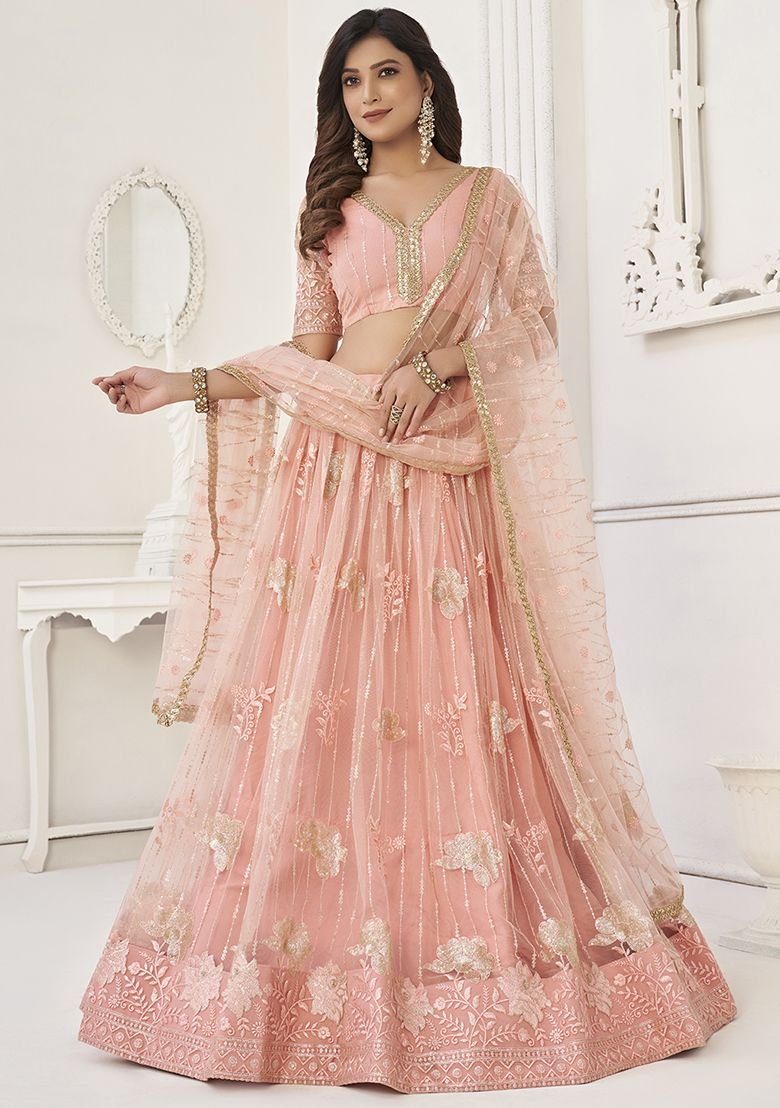 Peach Thread Sequin Embroidered Net Lehenga Set - Image 4