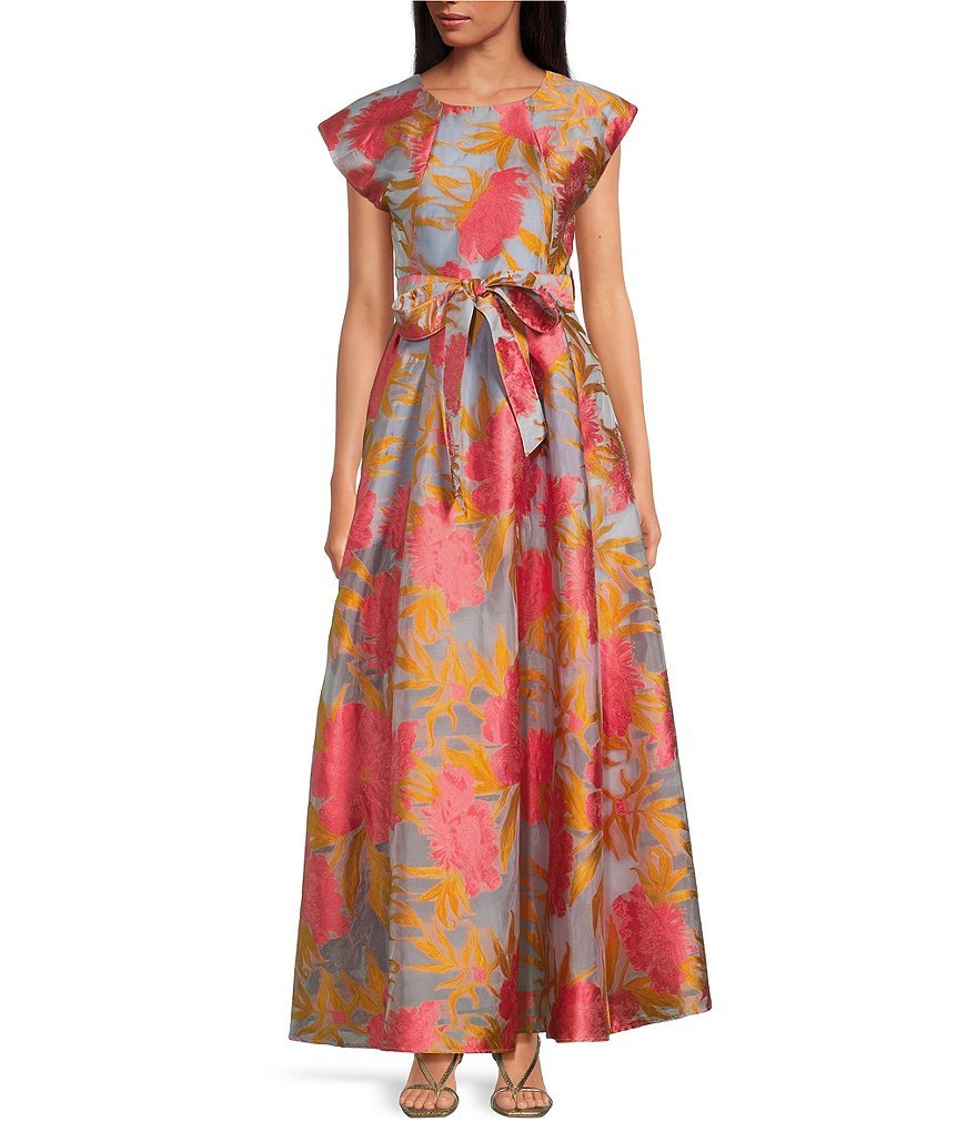 Olivia Printed Round Neckline Cap Sleeve Organza A-Line Gown