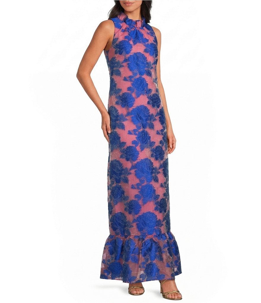 Camille Flower Print Ruffle Mock Neck Sleeveless Gown