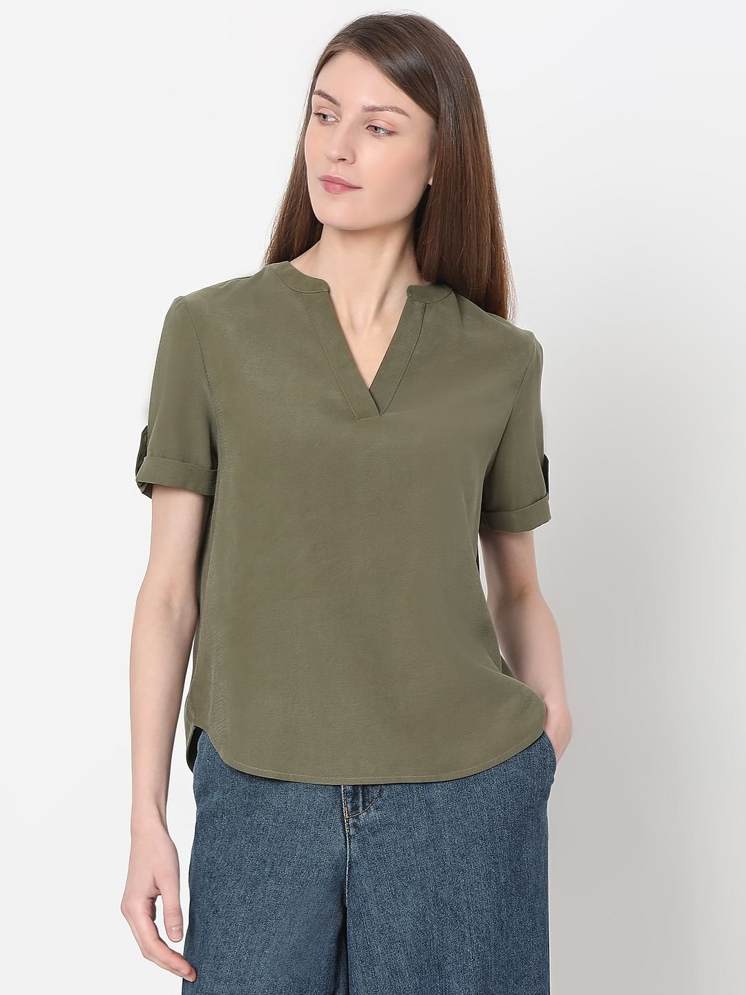 OLIVE GREEN V-NECK TOP - Image 8