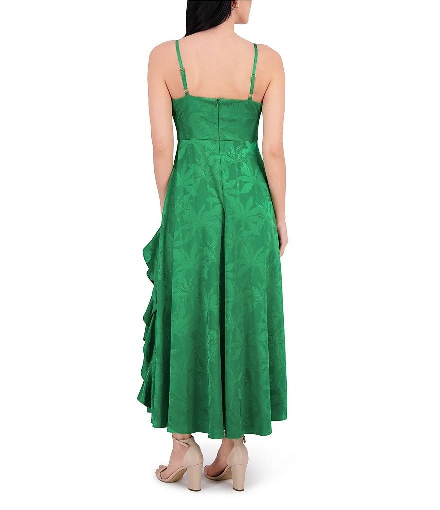 Satin Jacquard V Neck Sleeveless Chain Straps Ruffle A-Line Maxi Dress - Image 2