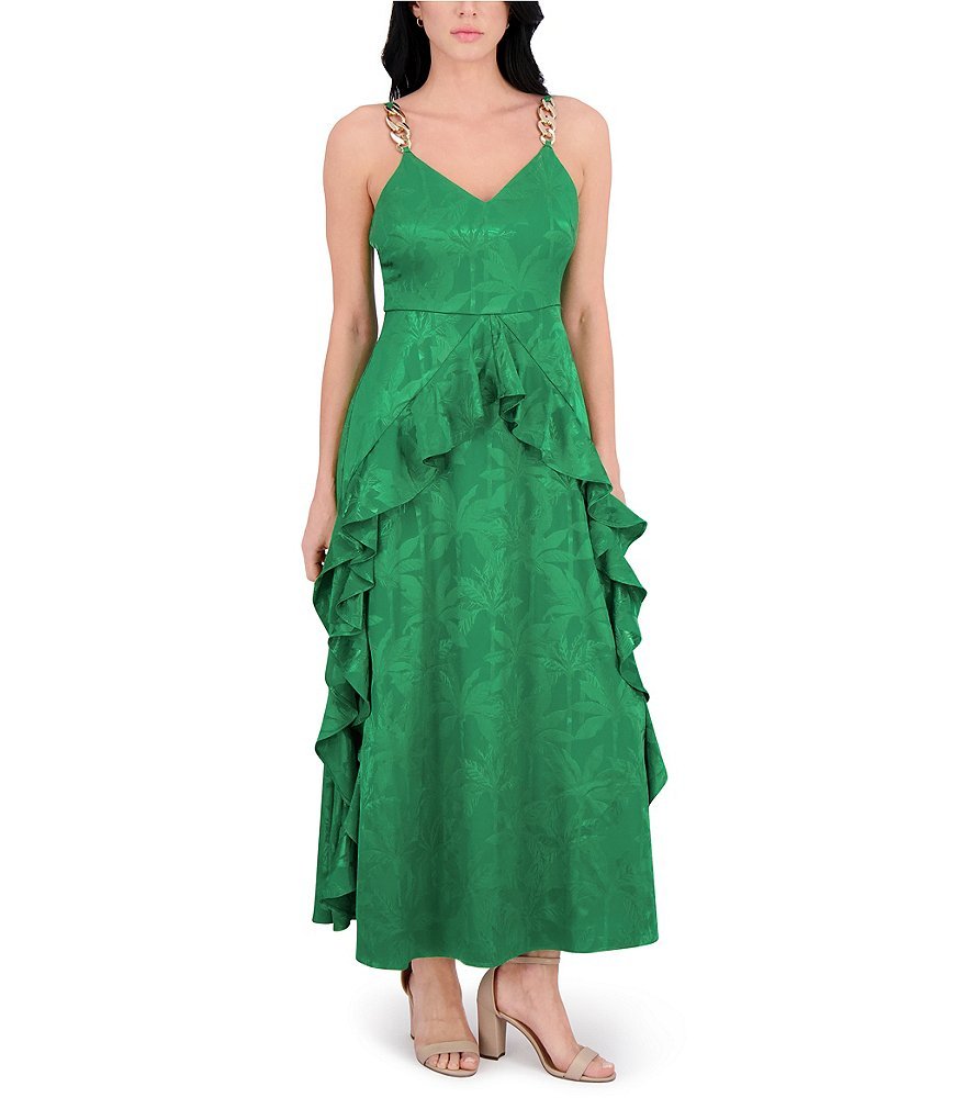 Satin Jacquard V Neck Sleeveless Chain Straps Ruffle A-Line Maxi Dress - Image 3