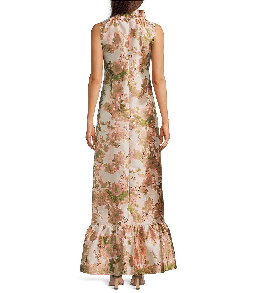Camille Flower Print Ruffle Mock Neck Sleeveless Gown