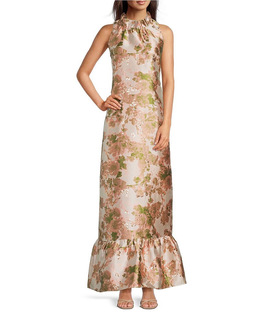 Camille Flower Print Ruffle Mock Neck Sleeveless Gown - Image 2