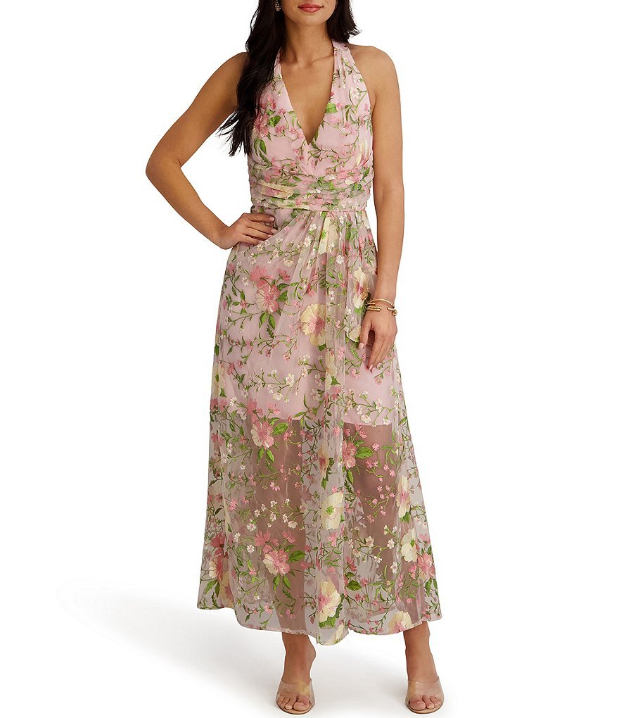 Embroidered Floral Mesh Deep V-Neck Long Dress