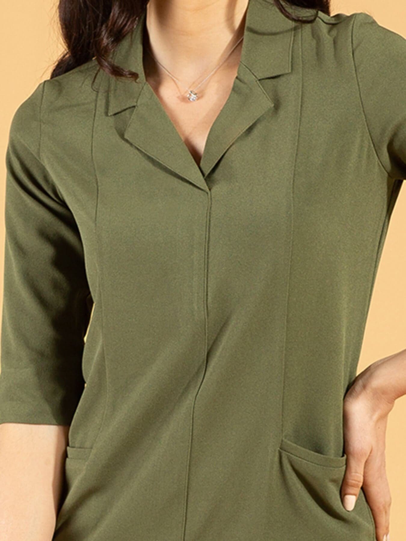 Front Pocket Lapel Dress - Moss Green - Image 2