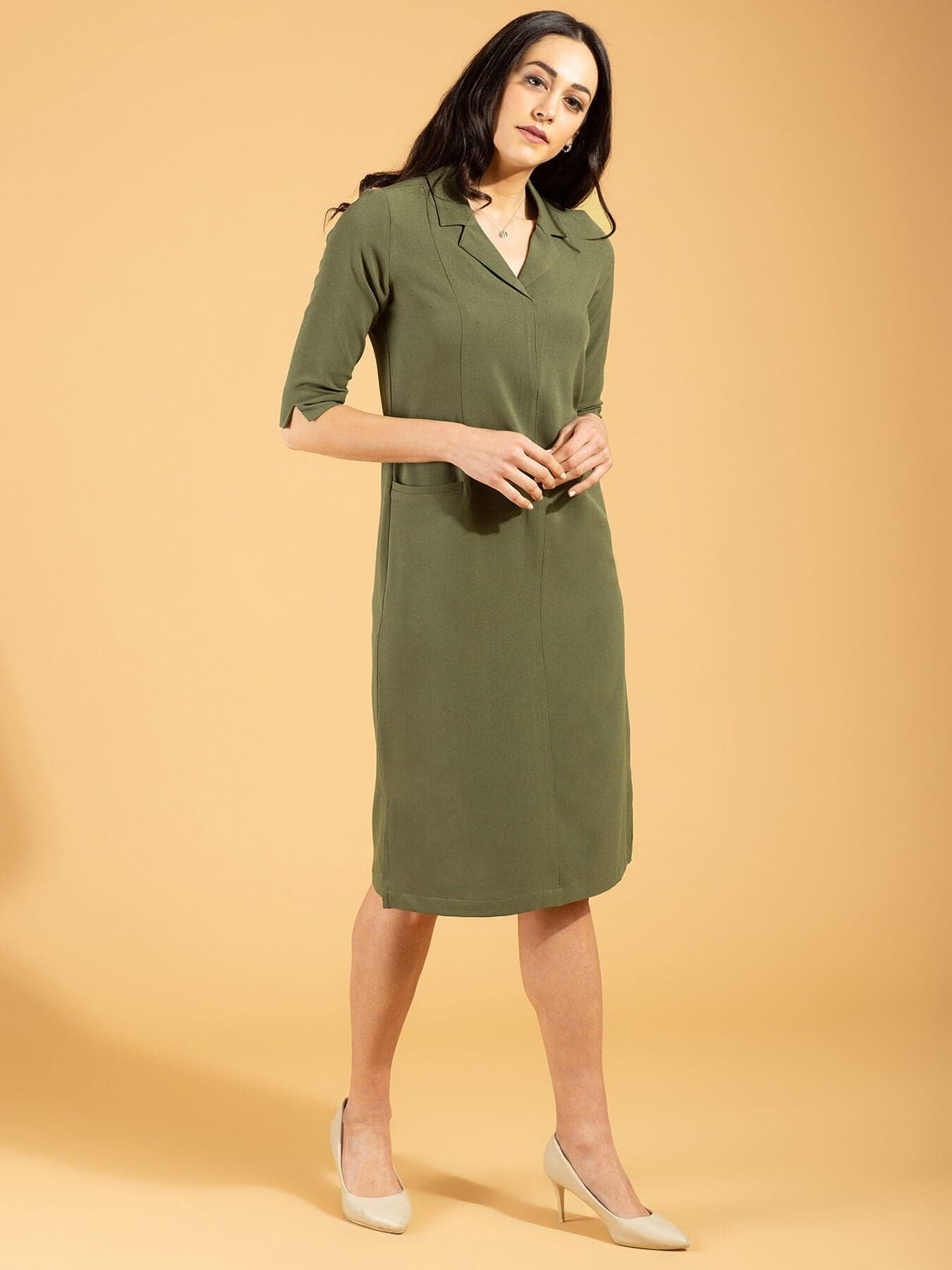 Front Pocket Lapel Dress - Moss Green - Image 3
