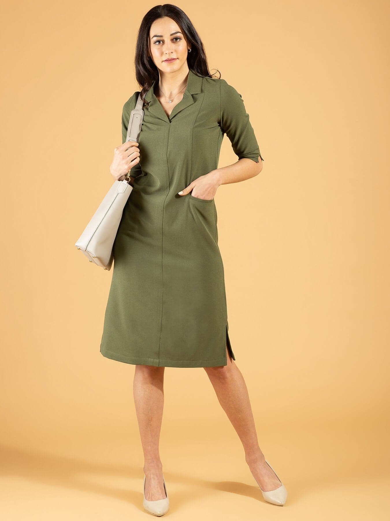 Front Pocket Lapel Dress - Moss Green - Image 5