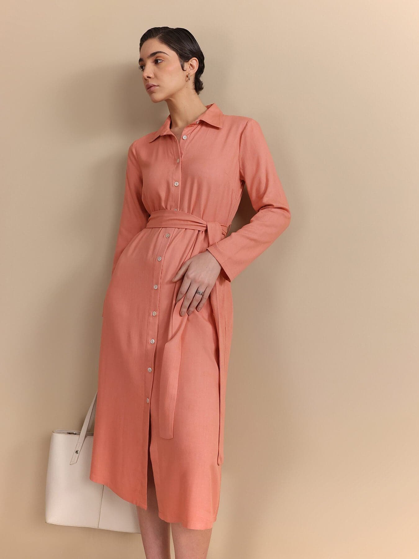 Notch Collar Wrap Midi Dress - Peach - Image 2