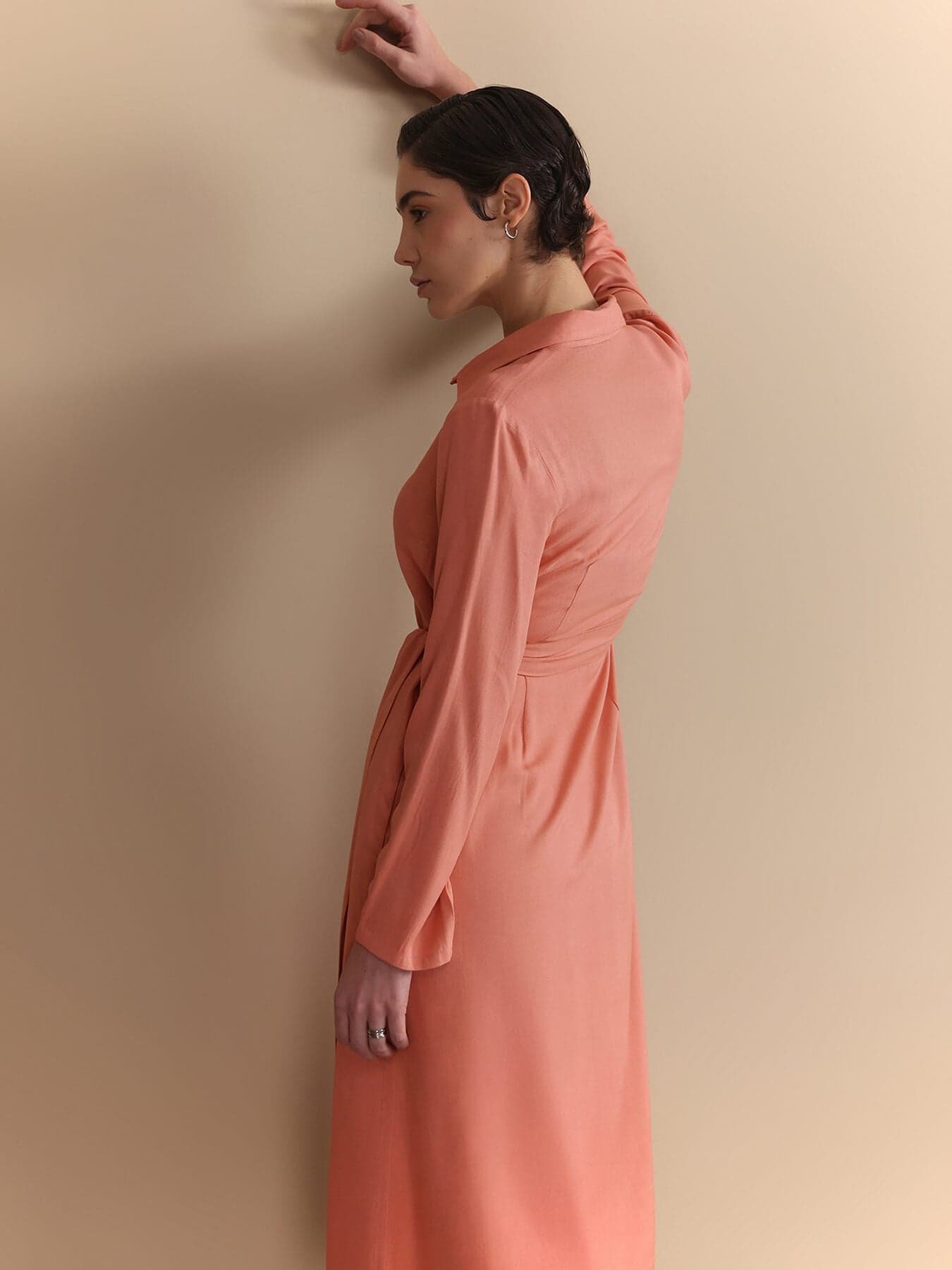 Notch Collar Wrap Midi Dress - Peach - Image 3