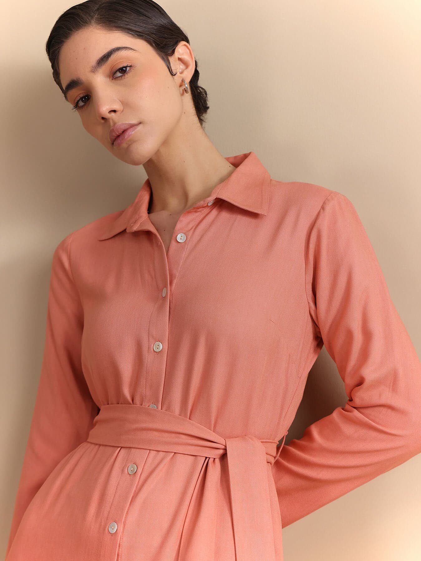 Notch Collar Wrap Midi Dress - Peach - Image 4