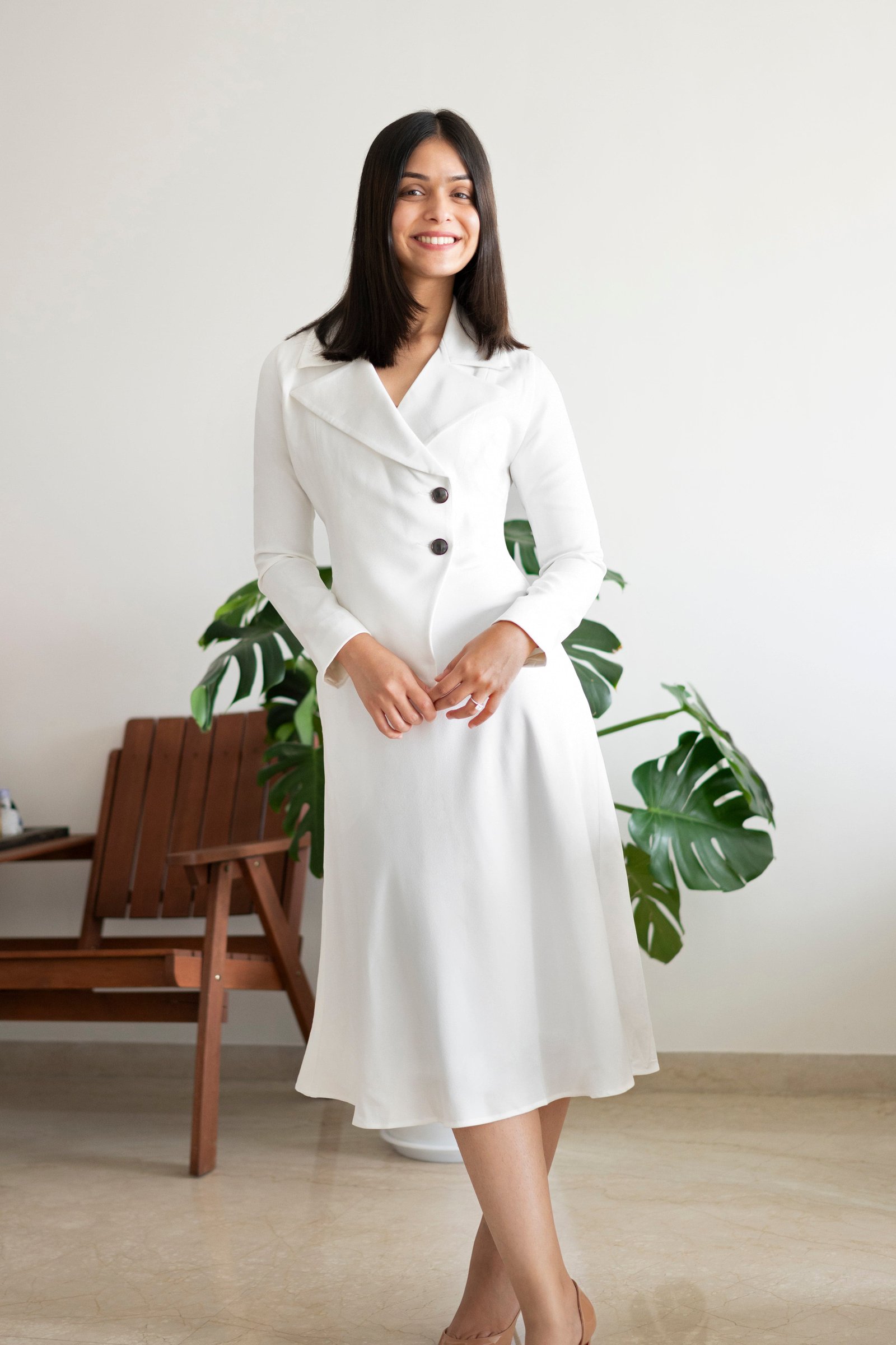 A-line Jacket Dress - White - Image 3