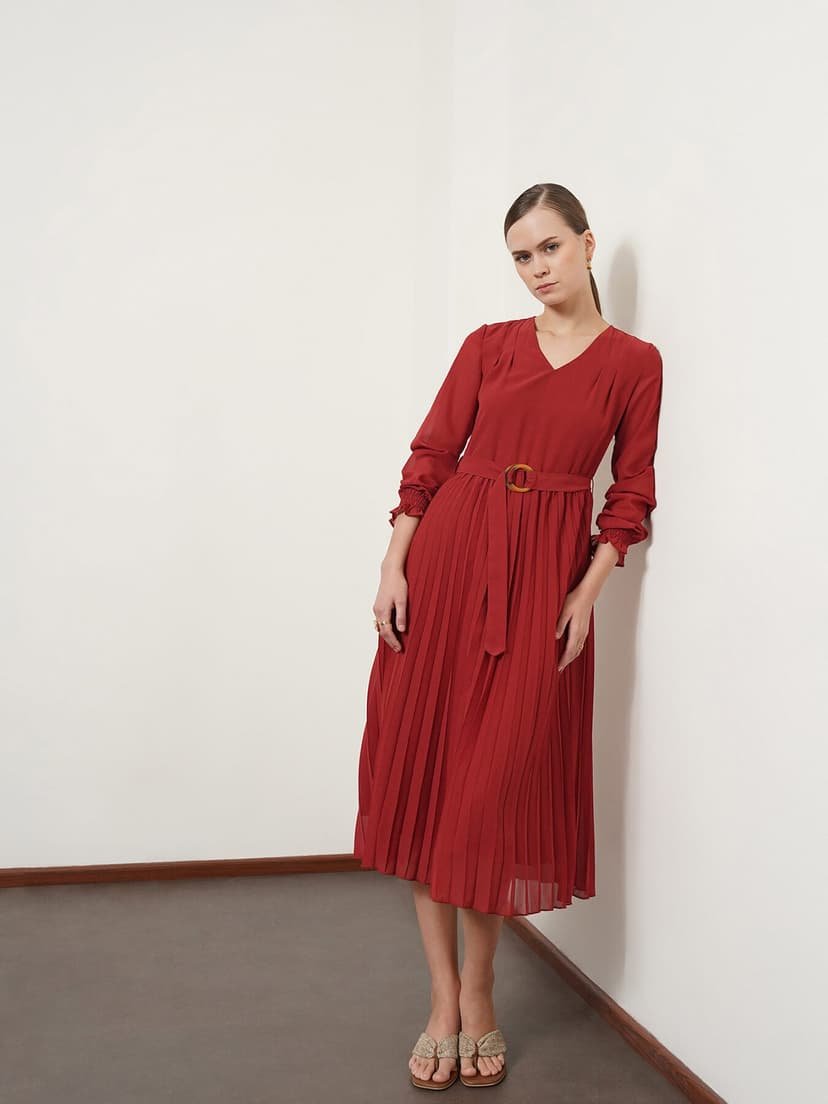 V Neck Pleated Fit and Flare Dress - Rust