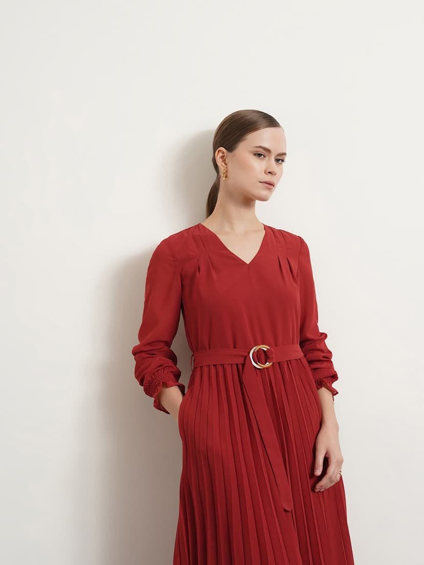 V Neck Pleated Fit and Flare Dress - Rust - Image 3