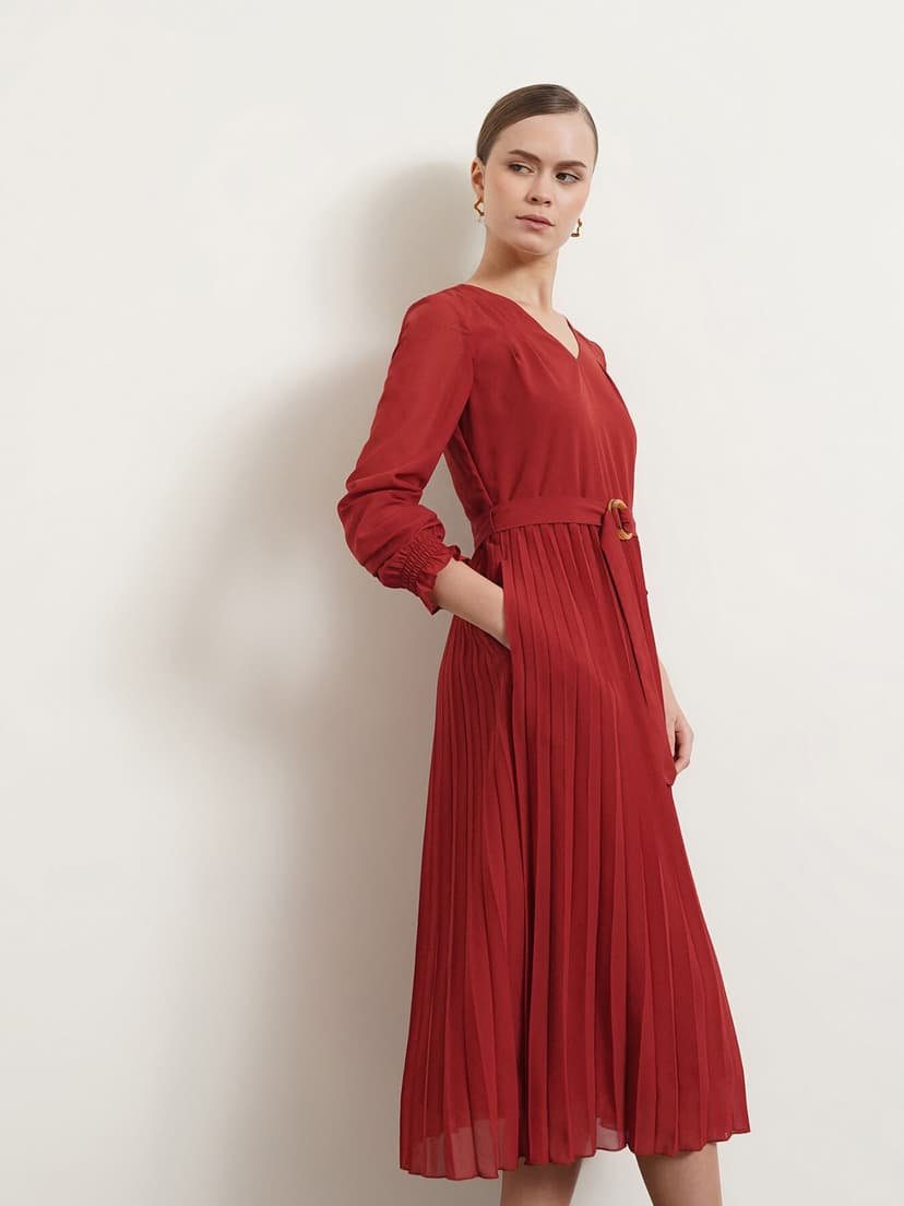 V Neck Pleated Fit and Flare Dress - Rust - Image 4