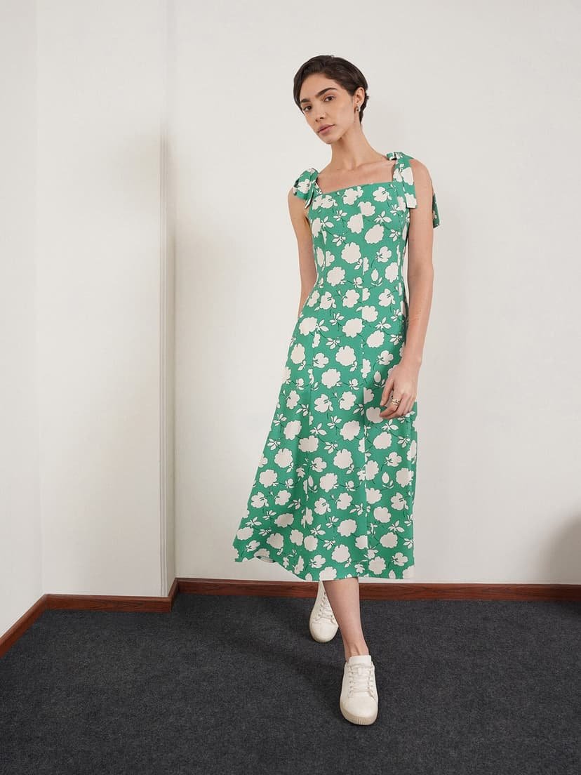 Floral Fit and Flare Dress - Green