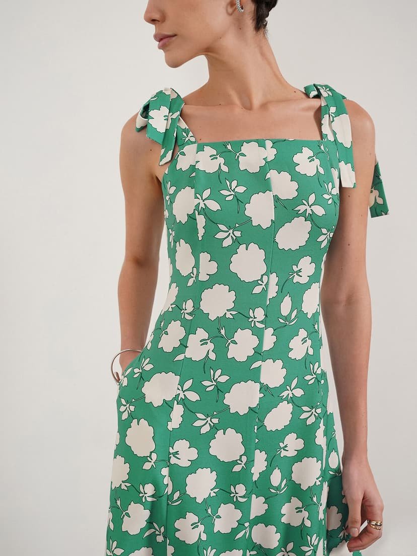 Floral Fit and Flare Dress - Green - Image 3