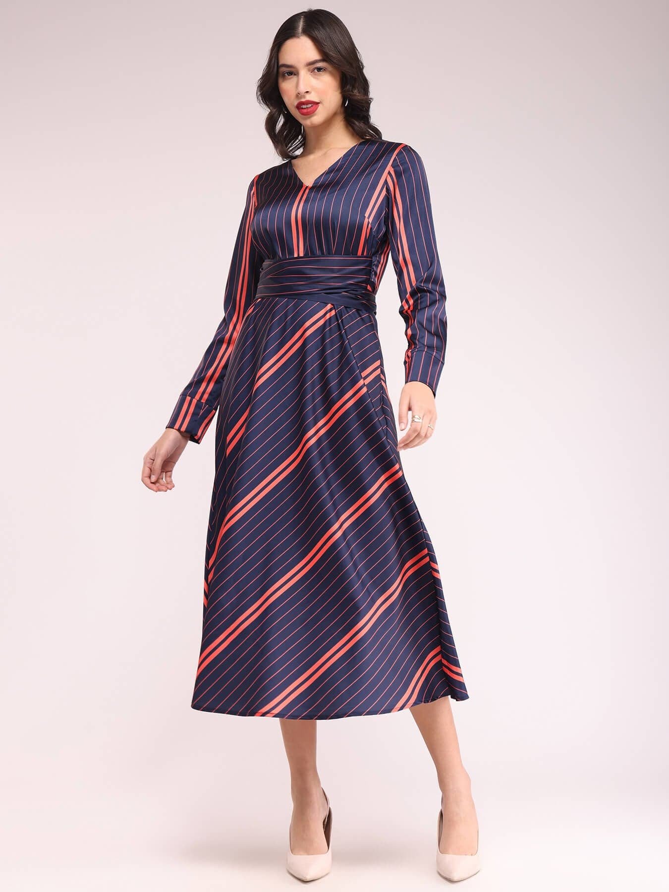 Striped Fit And Flare Dresses - Navy And Red - Image 2