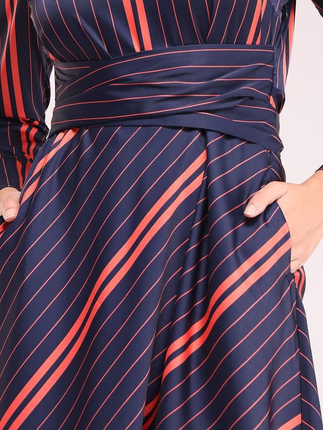 Striped Fit And Flare Dresses - Navy And Red - Image 3