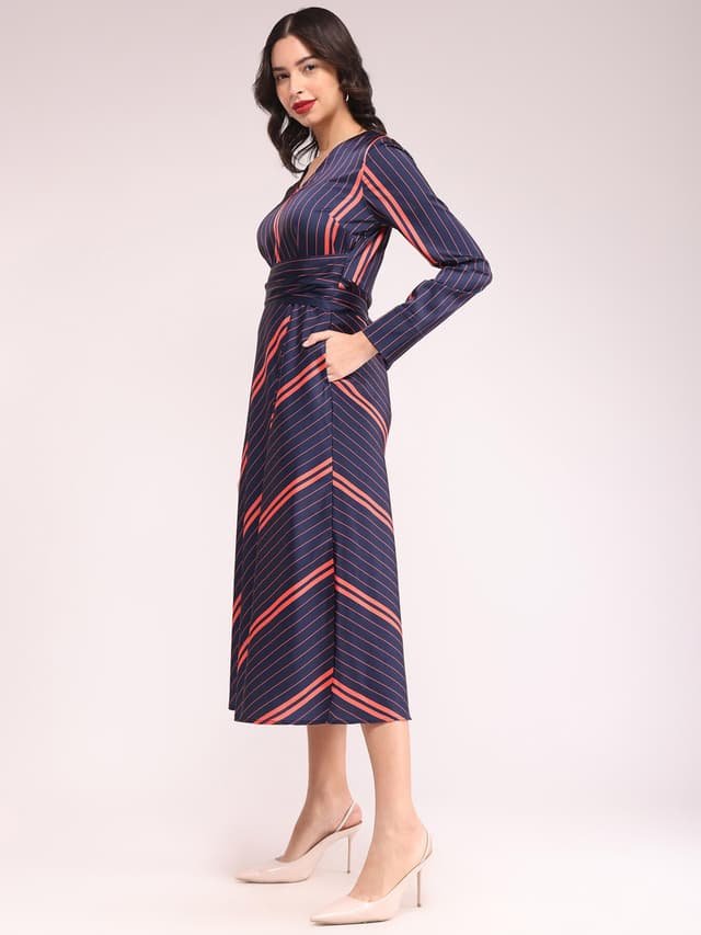 Striped Fit And Flare Dresses - Navy And Red - Image 5