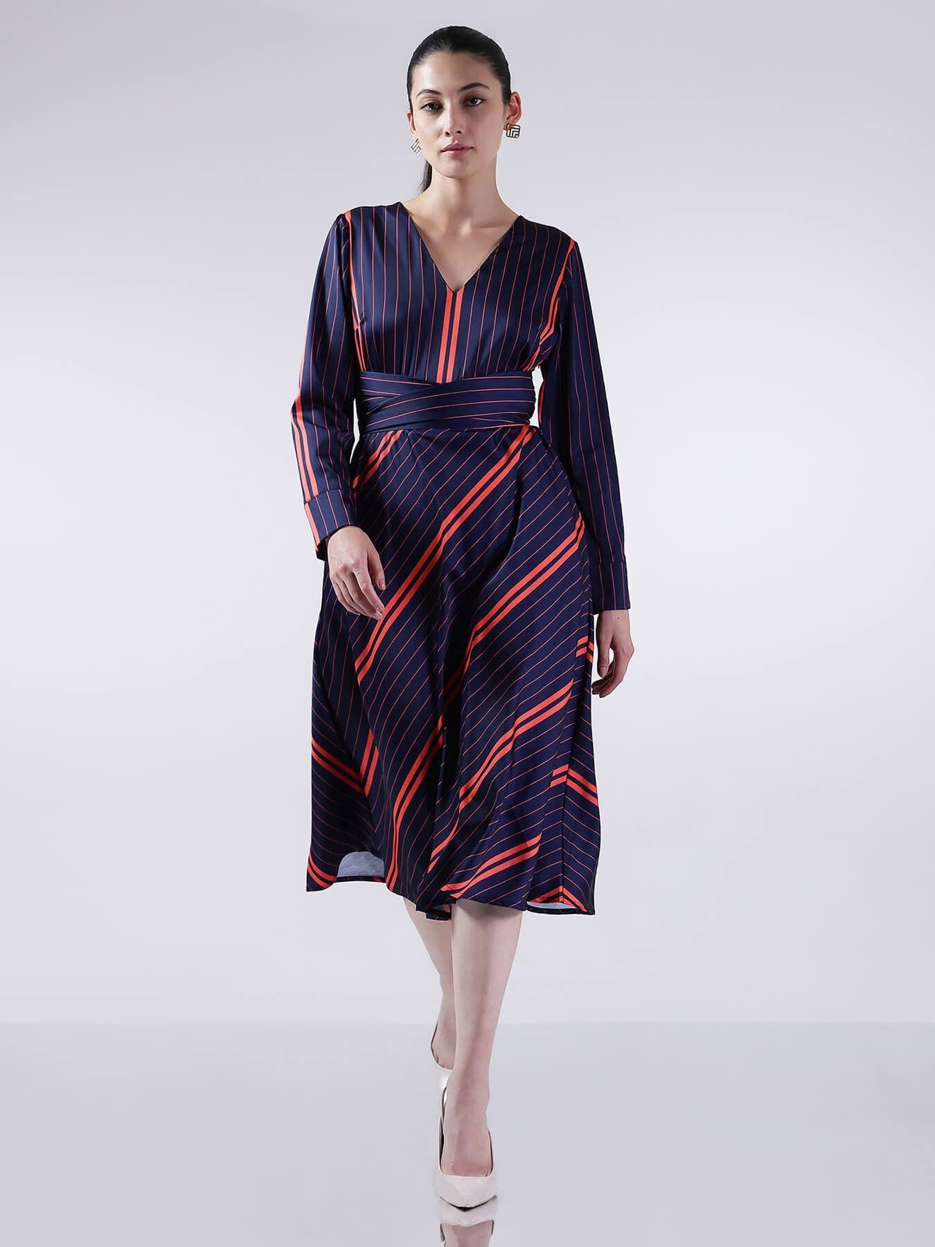 Striped Fit And Flare Dresses - Navy And Red - Image 6